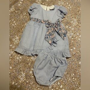 Rare Editions Blue and White Striped Dress with Floral Bow